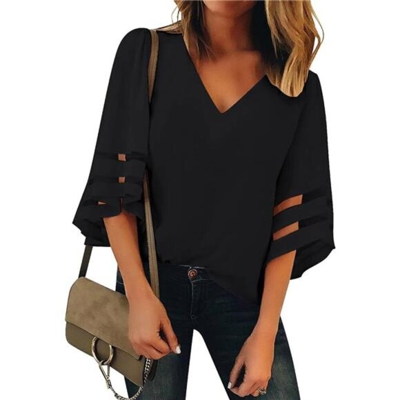 Women's V Neck Mesh Panel Blouse 3/4 Bell Sleeve Loose Top Casual Work Shirt - Picture 1 of 7